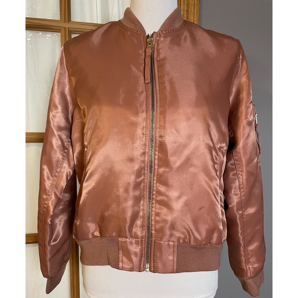 Y2K GAP Primaloft Satin Bomber Jacket Women's S Peach Full Zip Pockets Varsity